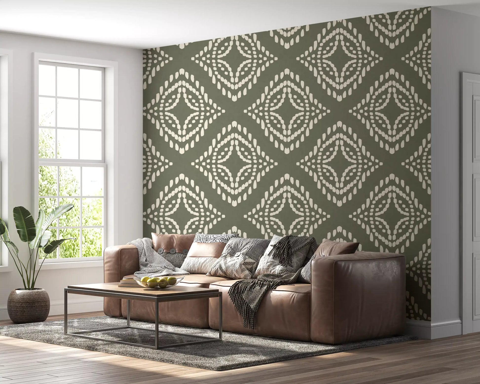 Cocooning lounge fully papered in Block Ornament Palm Green Canvas wall mural, GD9673