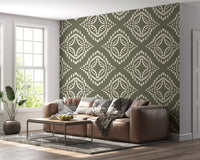 Cocooning lounge fully papered in Block Ornament Palm Green Canvas wall mural, GD9673