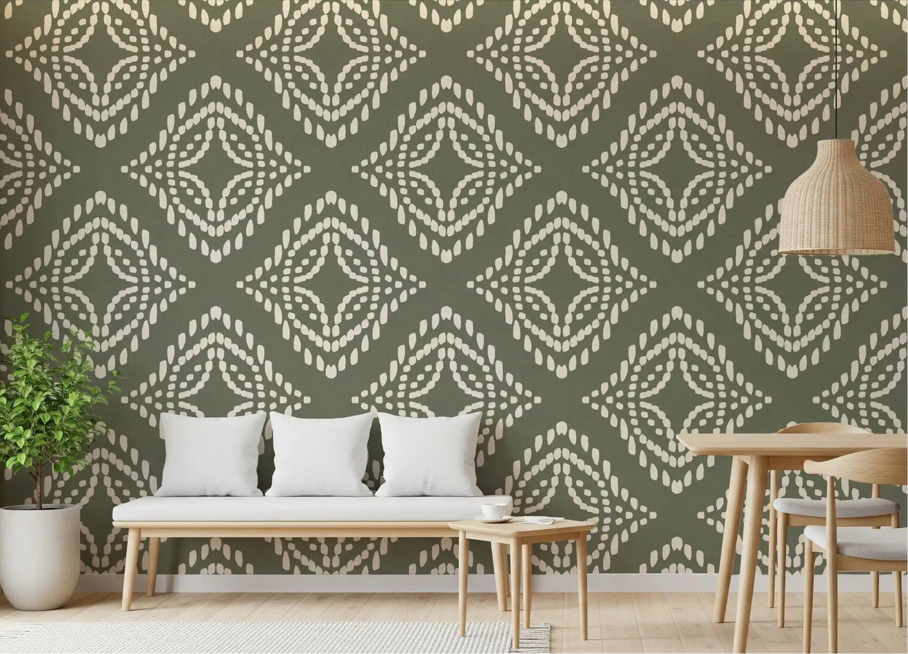 Cream-on-green wallpaper covering a moody Dining room  in Block Ornament Palm