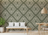 Cream-on-green wallpaper covering a moody Dining room  in Block Ornament Palm, GD9673