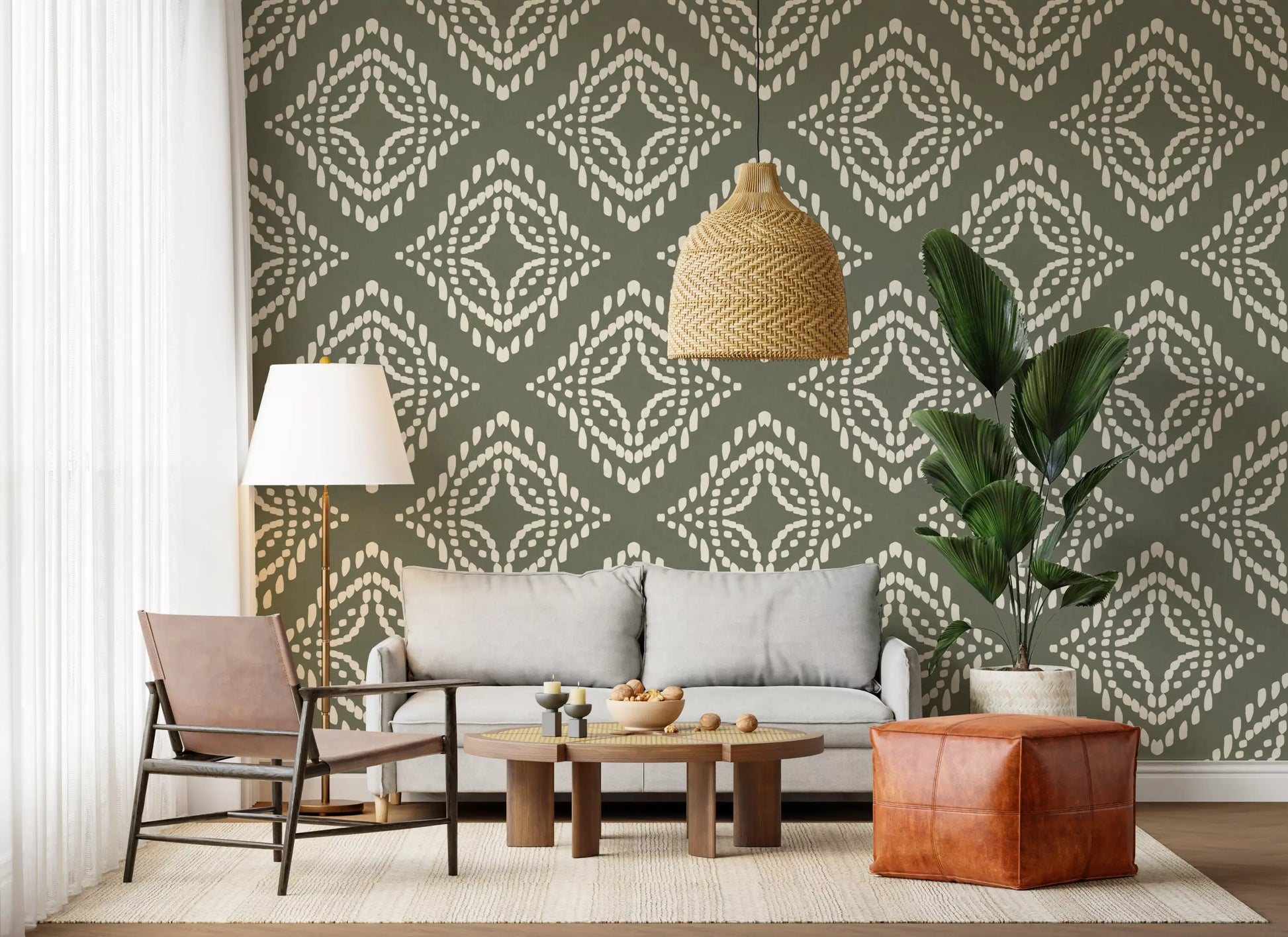 Mirror-symmetry of dotted motifs running through Block Ornament Palm Green wallpaper, GD9673