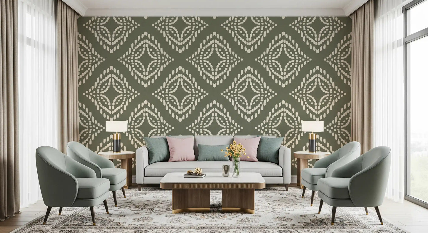 Rich, deep-toned Living room finished with Block Ornament Palm Green wallpaper, GD9673