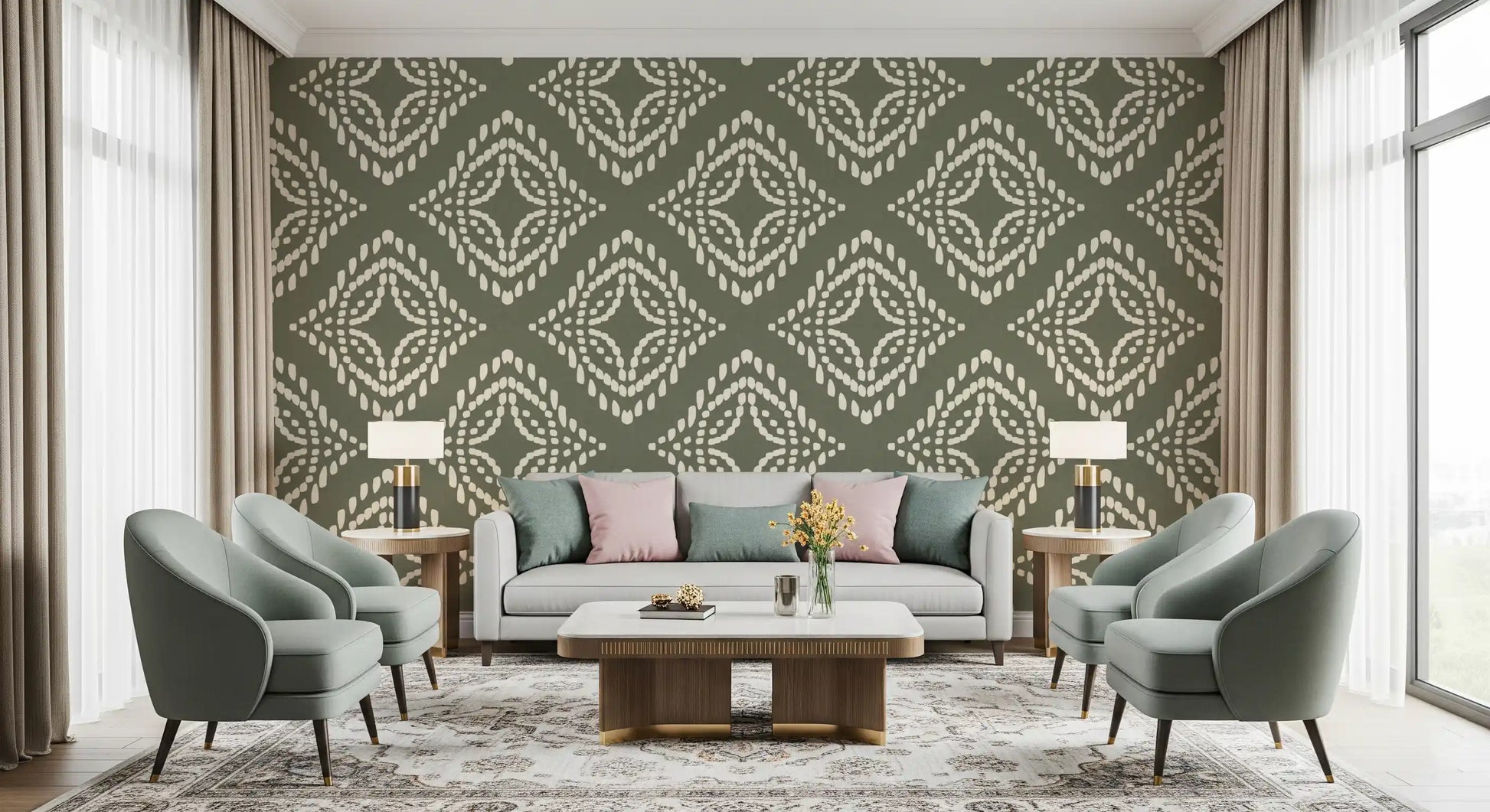 Rich, deep-toned Living room finished with Block Ornament Palm Green wallpaper, GD9673