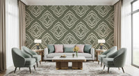 Rich, deep-toned Living room finished with Block Ornament Palm Green wallpaper, GD9673