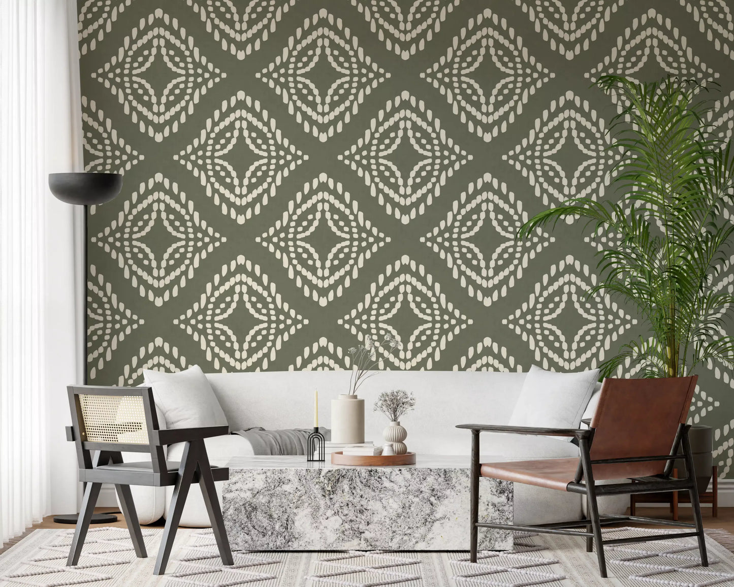 Linen-textured Block Ornament Palm Green Canvas wallpaper with diamond medallion stacks, GD9673