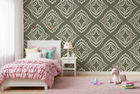 kids  Bedroom backdrop panelled in Palm Green Block Ornament Canvas wallpaper, GD9673