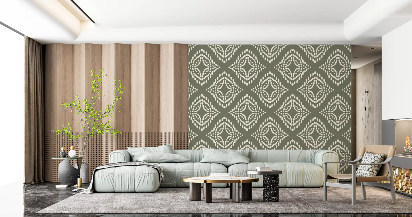 Editorial hallway styling using Block Ornament Palm Green Canvas wallpaper, GD9673