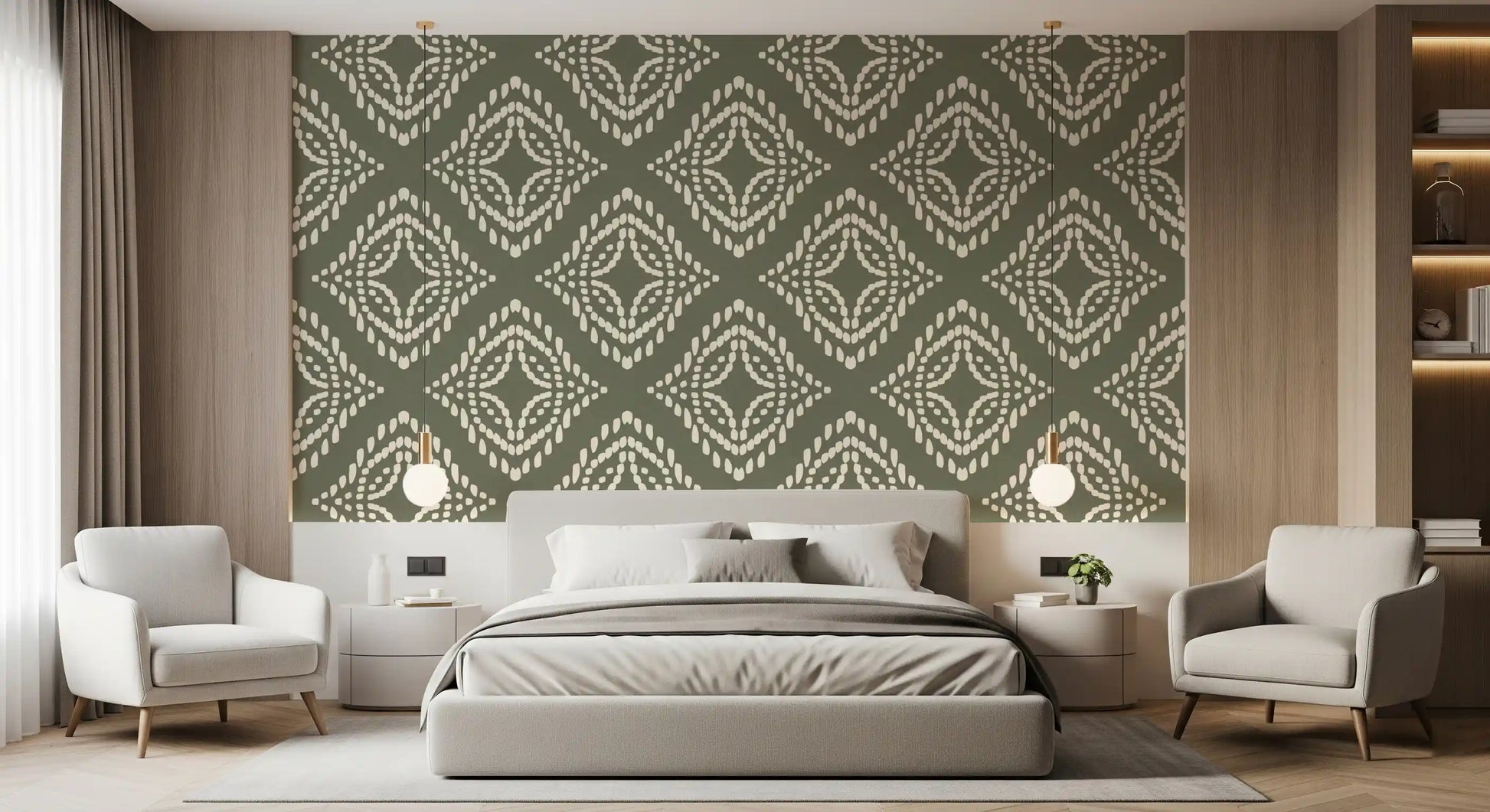 Inverted palette in Block Ornament Palm Green Canvas wallpaper, cream over green, GD9673