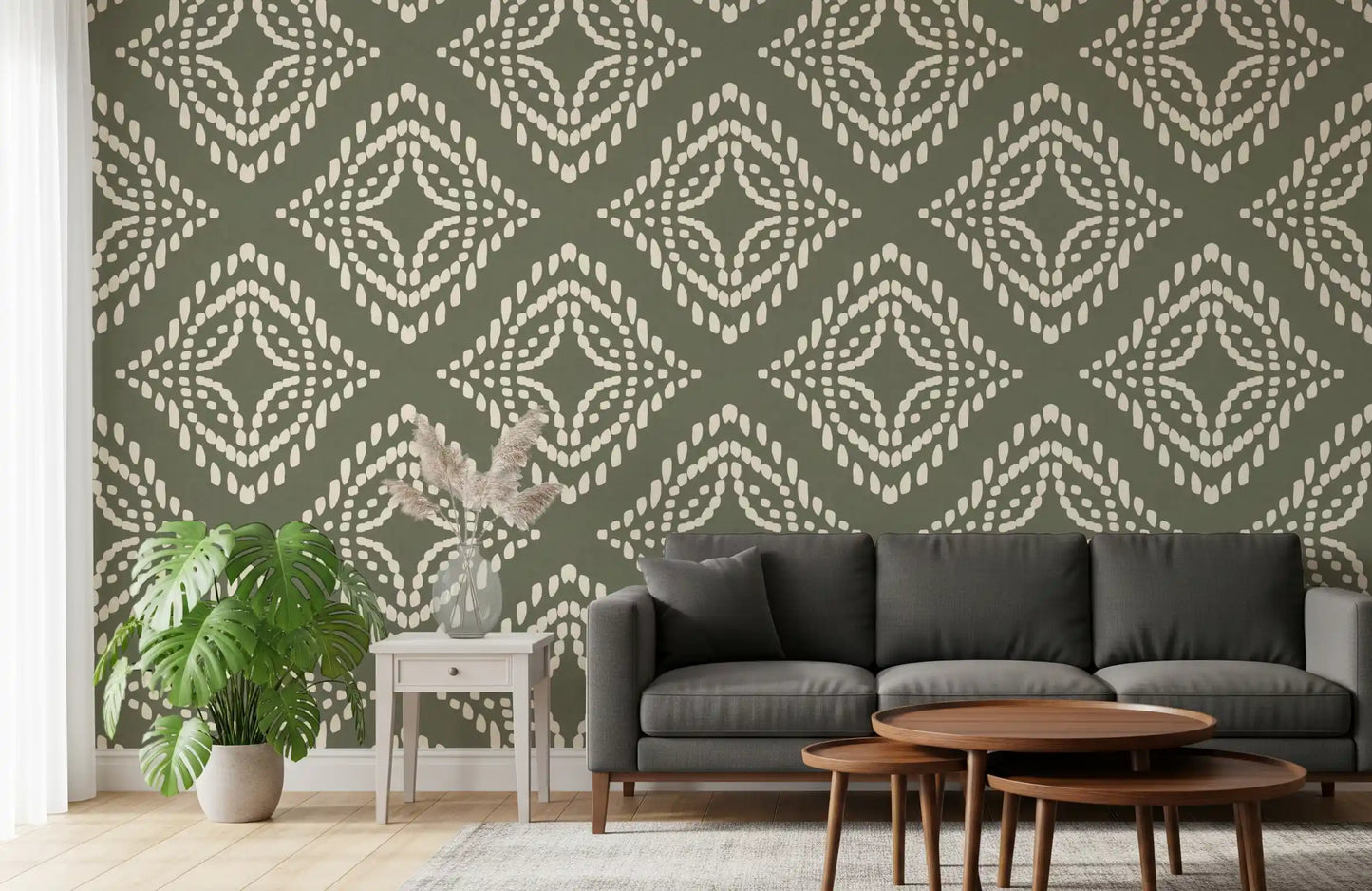 Deep palm green canvas dotted in cream by this Block Ornament wallpaper pattern, GD9673