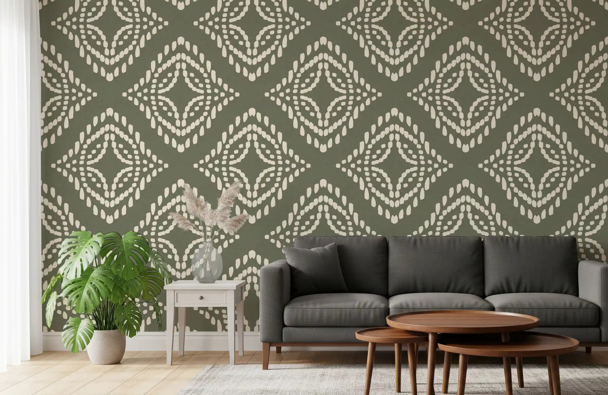 Deep palm green canvas dotted in cream by this Block Ornament wallpaper pattern, GD9673