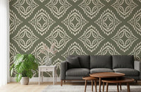 Deep palm green canvas dotted in cream by this Block Ornament wallpaper pattern, GD9673