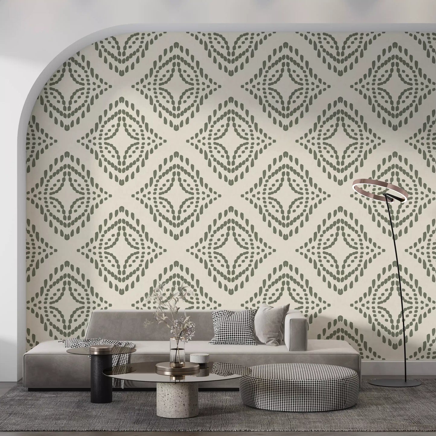 Hallway styled with calm Block Ornament Palm Green wallpaper accents