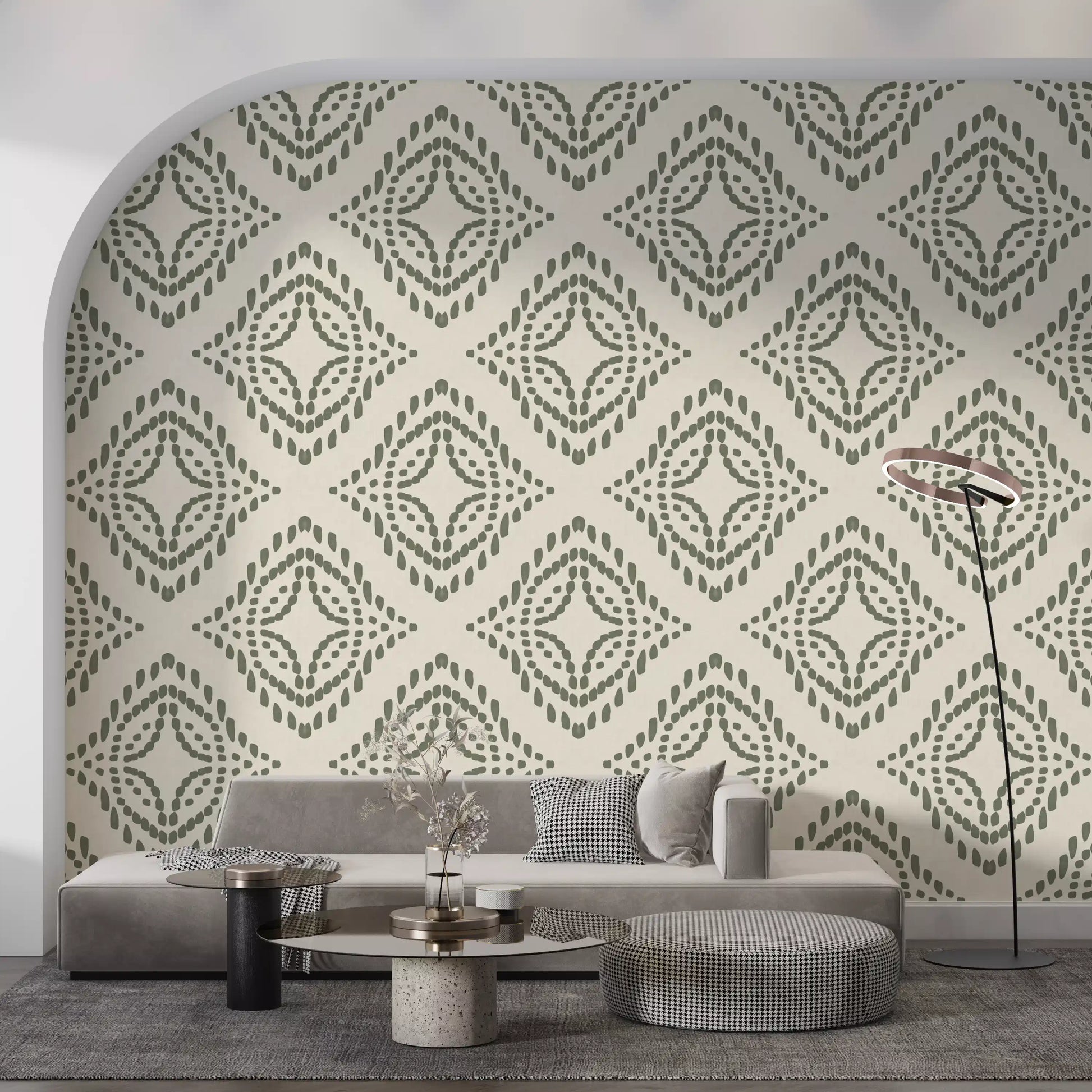 Hallway styled with calm Block Ornament Palm Green wallpaper accents