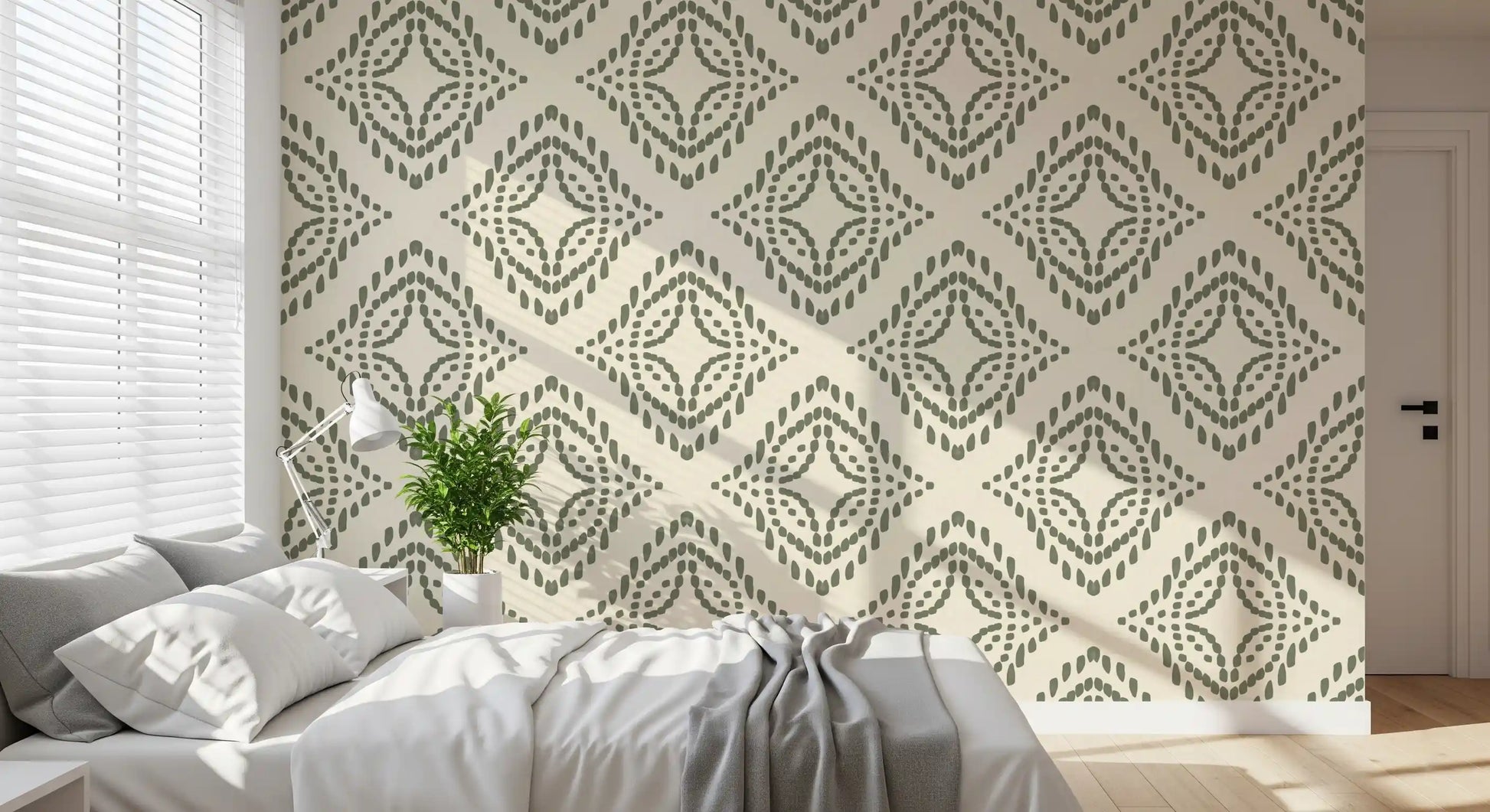 Sage diamond rings circling the centre of this Palm Green wallpaper 