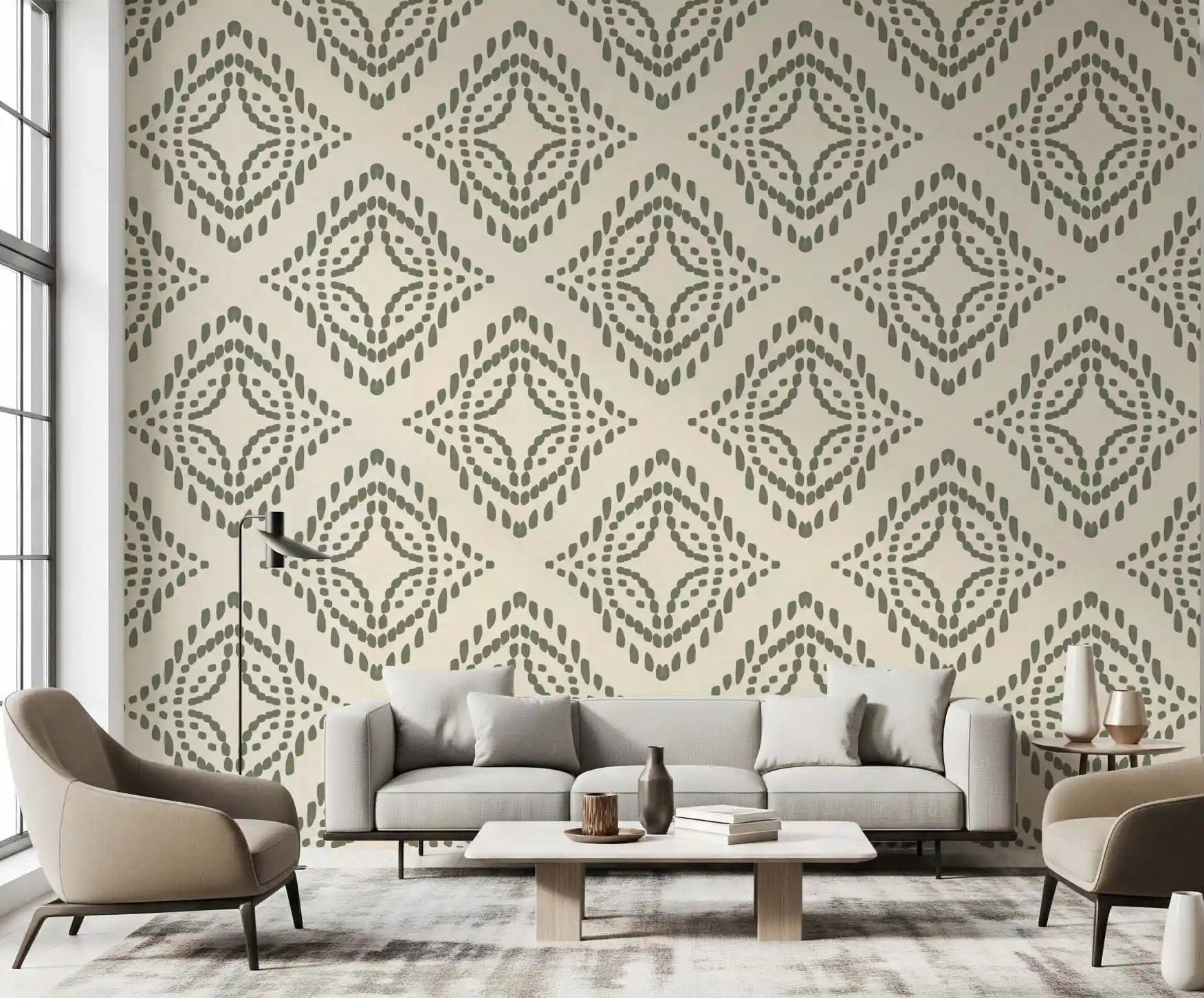 Living room dressed in Block Ornament Palm Green wallpaper for a sage finish, GD9674