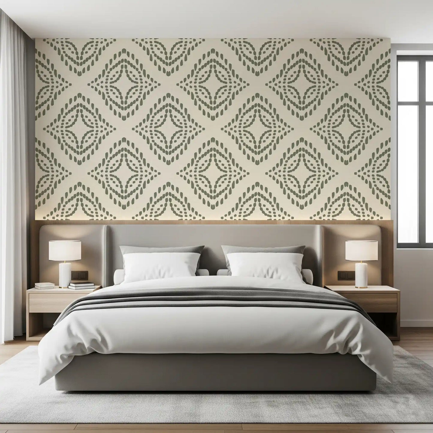 Botanical bedroom backdrop in Palm Green Block Ornament wallpaper