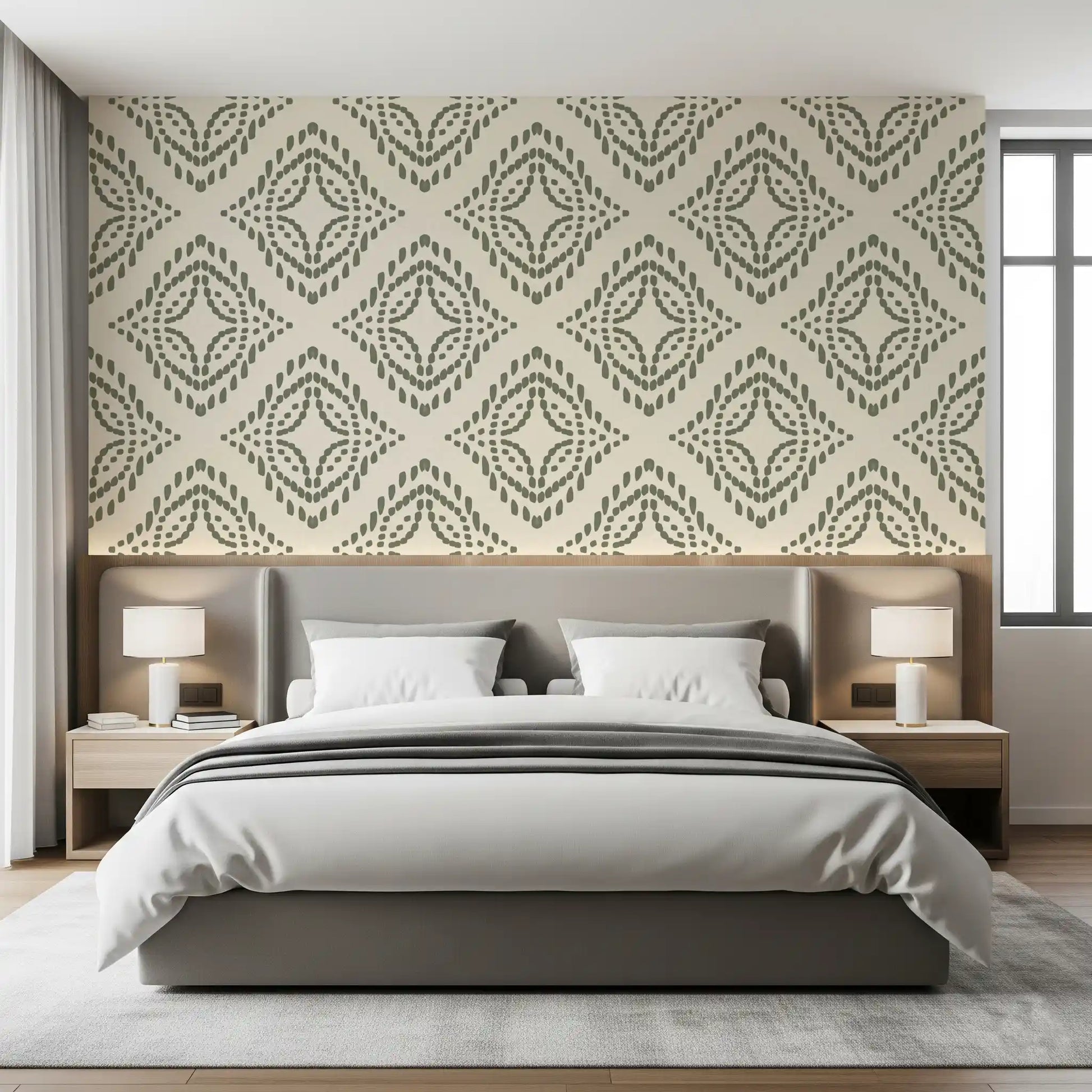 Botanical bedroom backdrop in Palm Green Block Ornament wallpaper