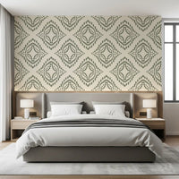 Botanical bedroom backdrop in Palm Green Block Ornament wallpaper