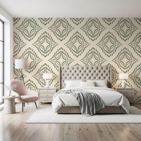 Block Ornament wallpaper wrapping a relaxed Bedroom in olive and cream