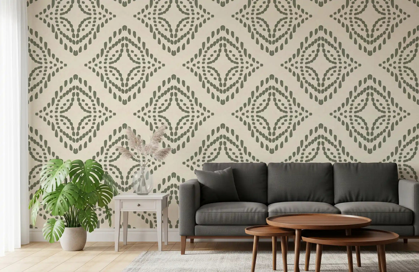 Cream linen base scattered with olive Block Ornament wallpaper motifs