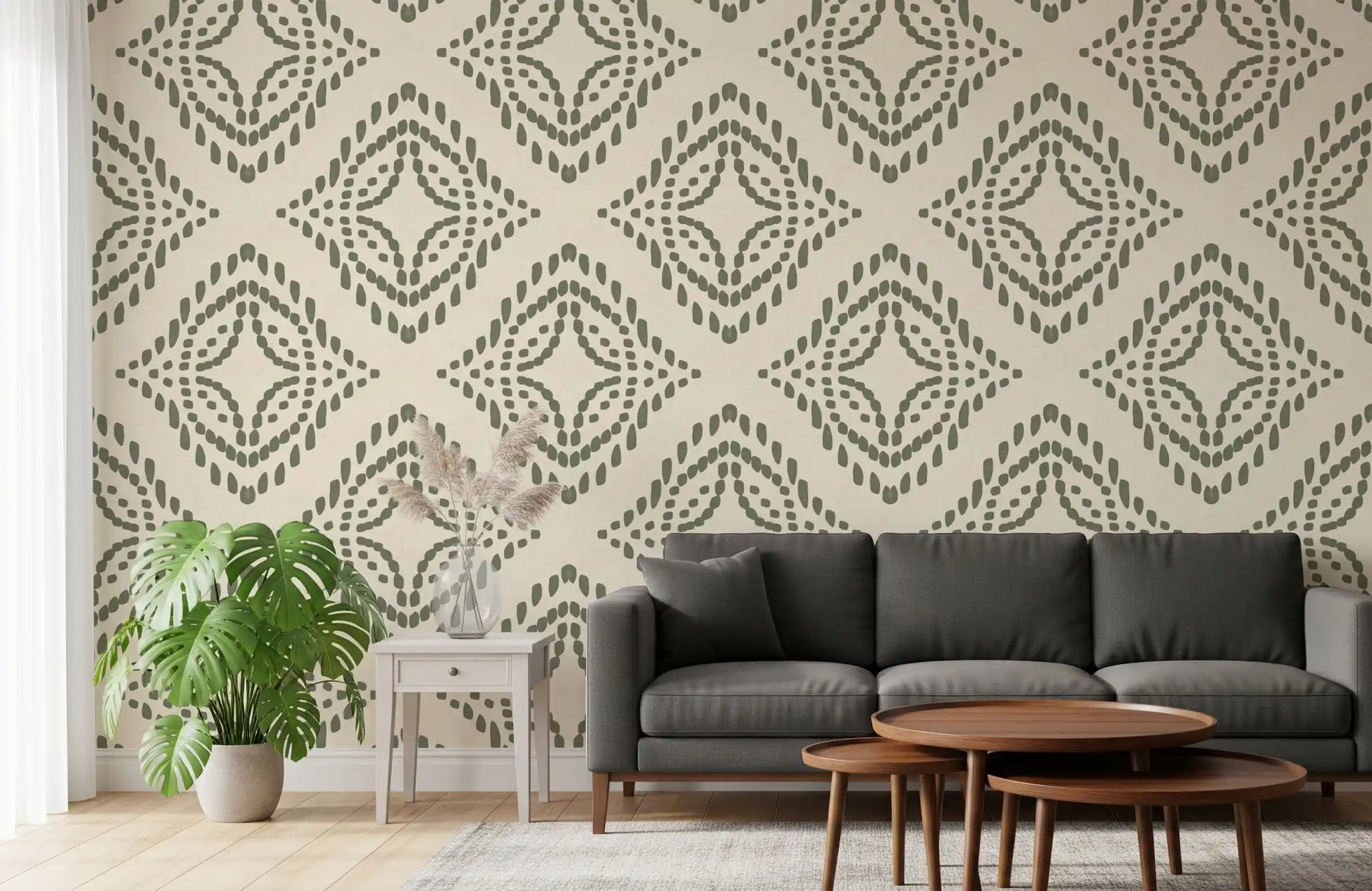 Cream linen base scattered with olive Block Ornament wallpaper motifs
