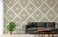 Cream linen base scattered with olive Block Ornament wallpaper motifs