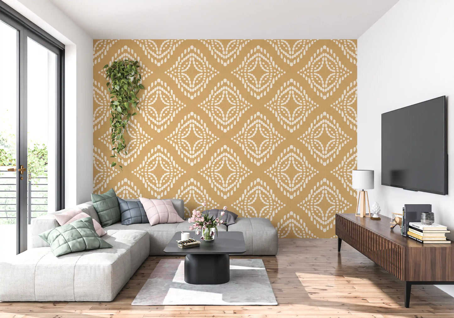Warm sand-tone Living room paired with Ornament Canvas wallpaper, GD9675