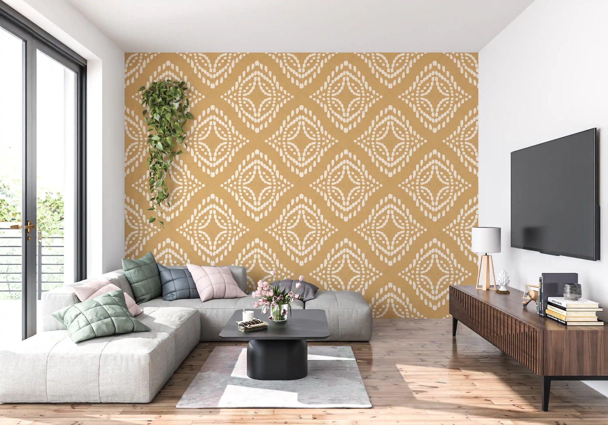Warm sand-tone Living room paired with Ornament Canvas wallpaper, GD9675