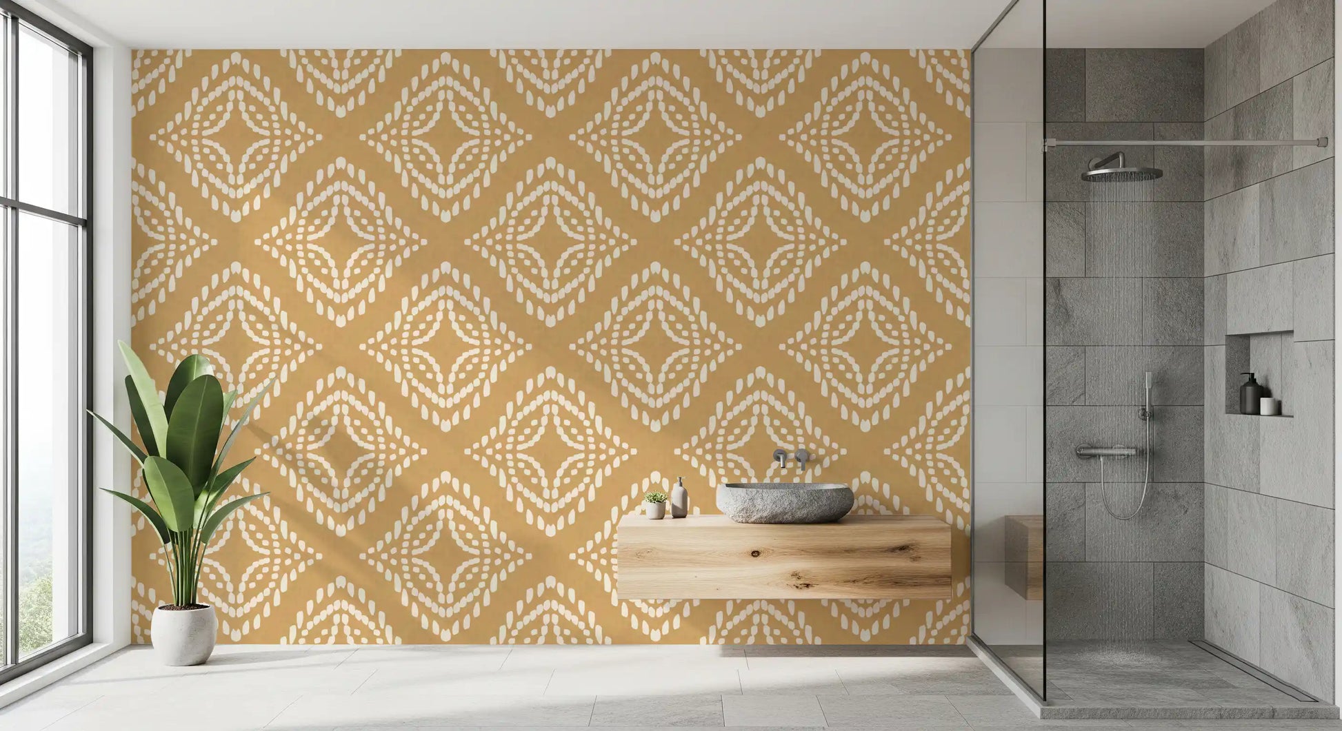 Boho Bathroom feature using Block Ornament Sand wallpaper, GD9675