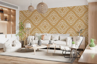 Mustard sand background dotted with white block ornament wallpaper motifs, GD9675