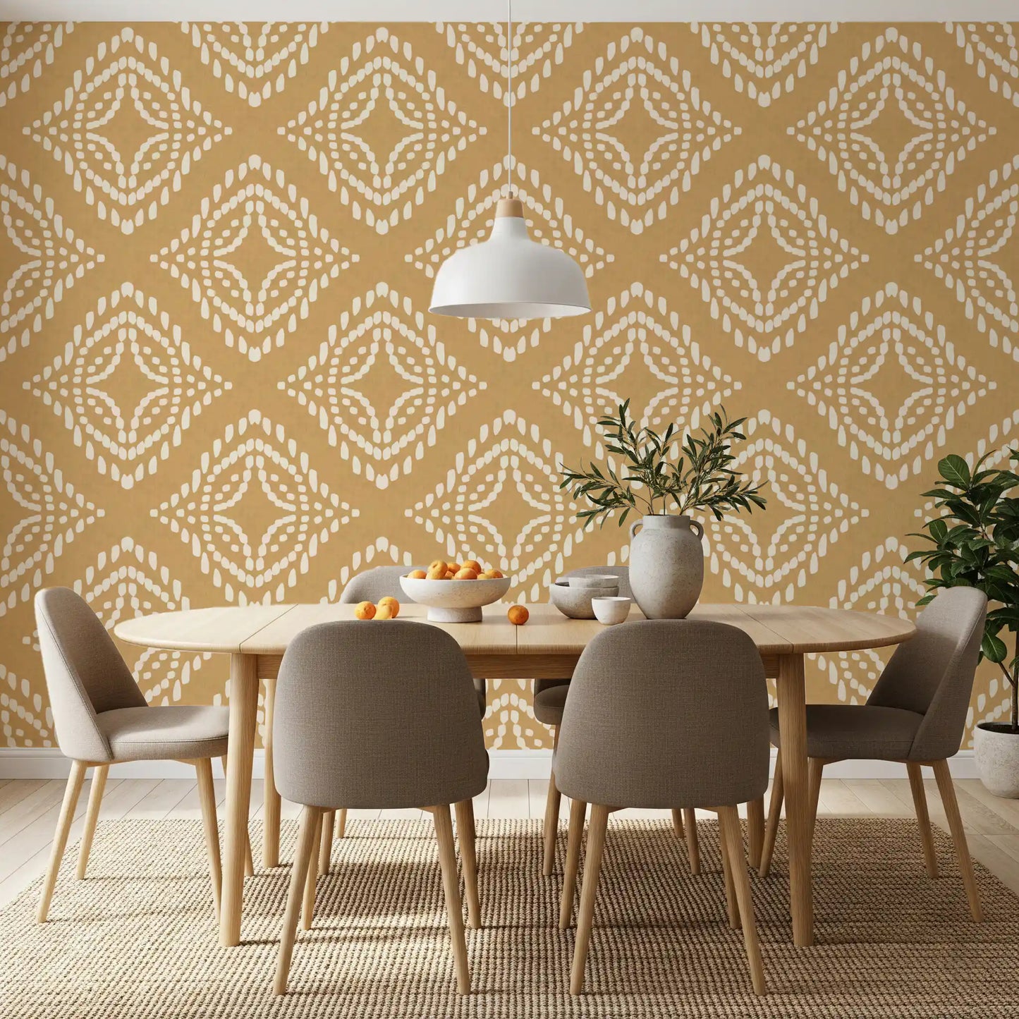 Warm cream-on-mustard contrast in this Block Ornament wall mural, GD9675