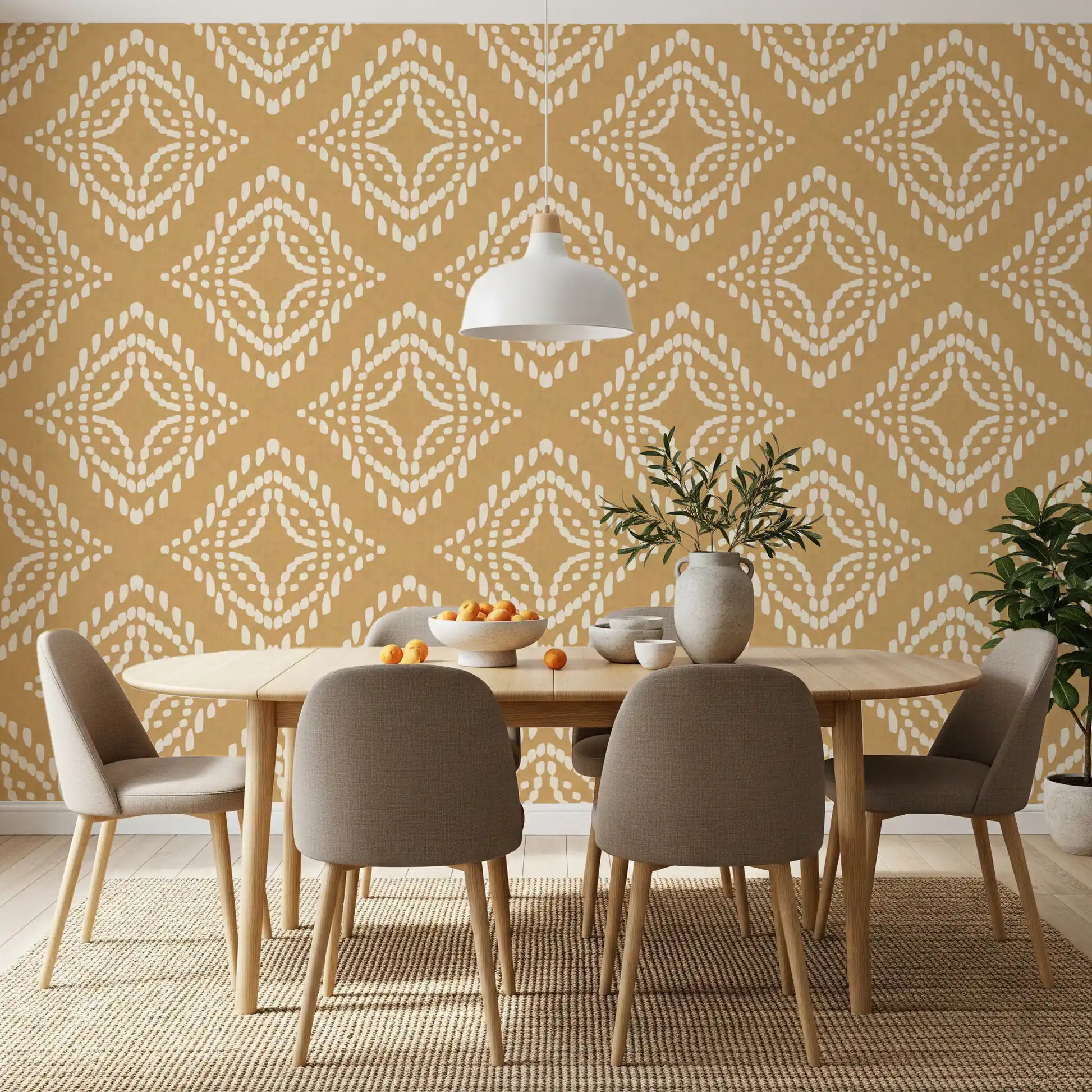 Warm cream-on-mustard contrast in this Block Ornament wall mural, GD9675