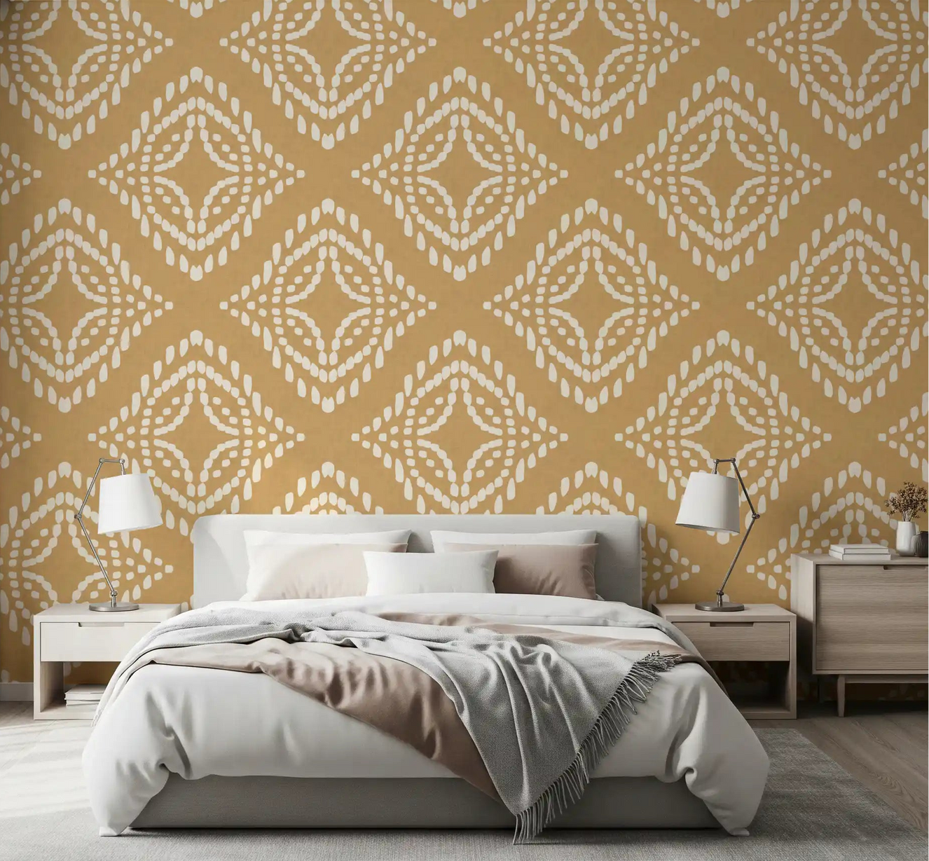Mustard-toned bedroom finished with Sand Ornament Canvas wallpaper