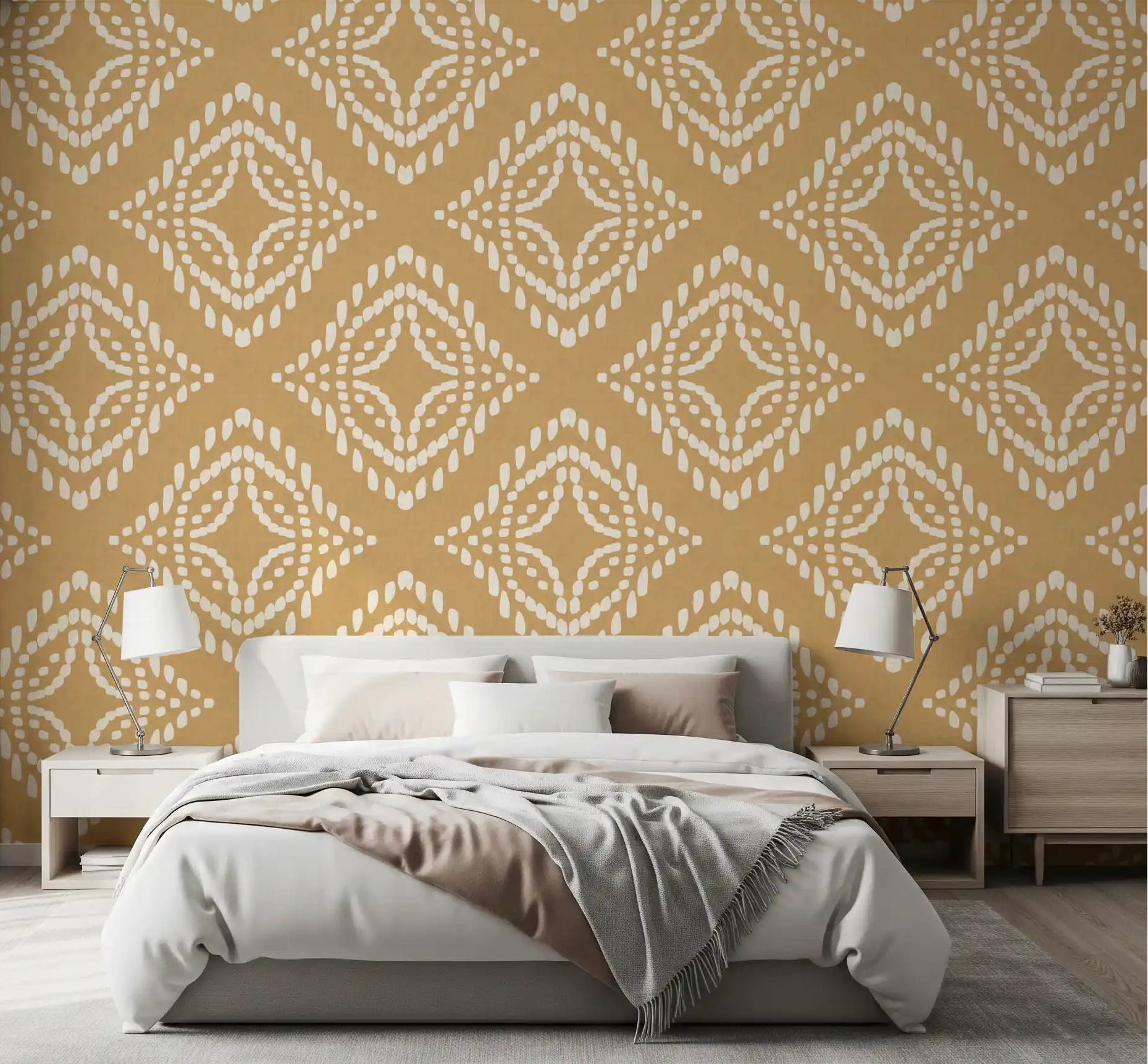 Mustard-toned bedroom finished with Sand Ornament Canvas wallpaper, GD9675