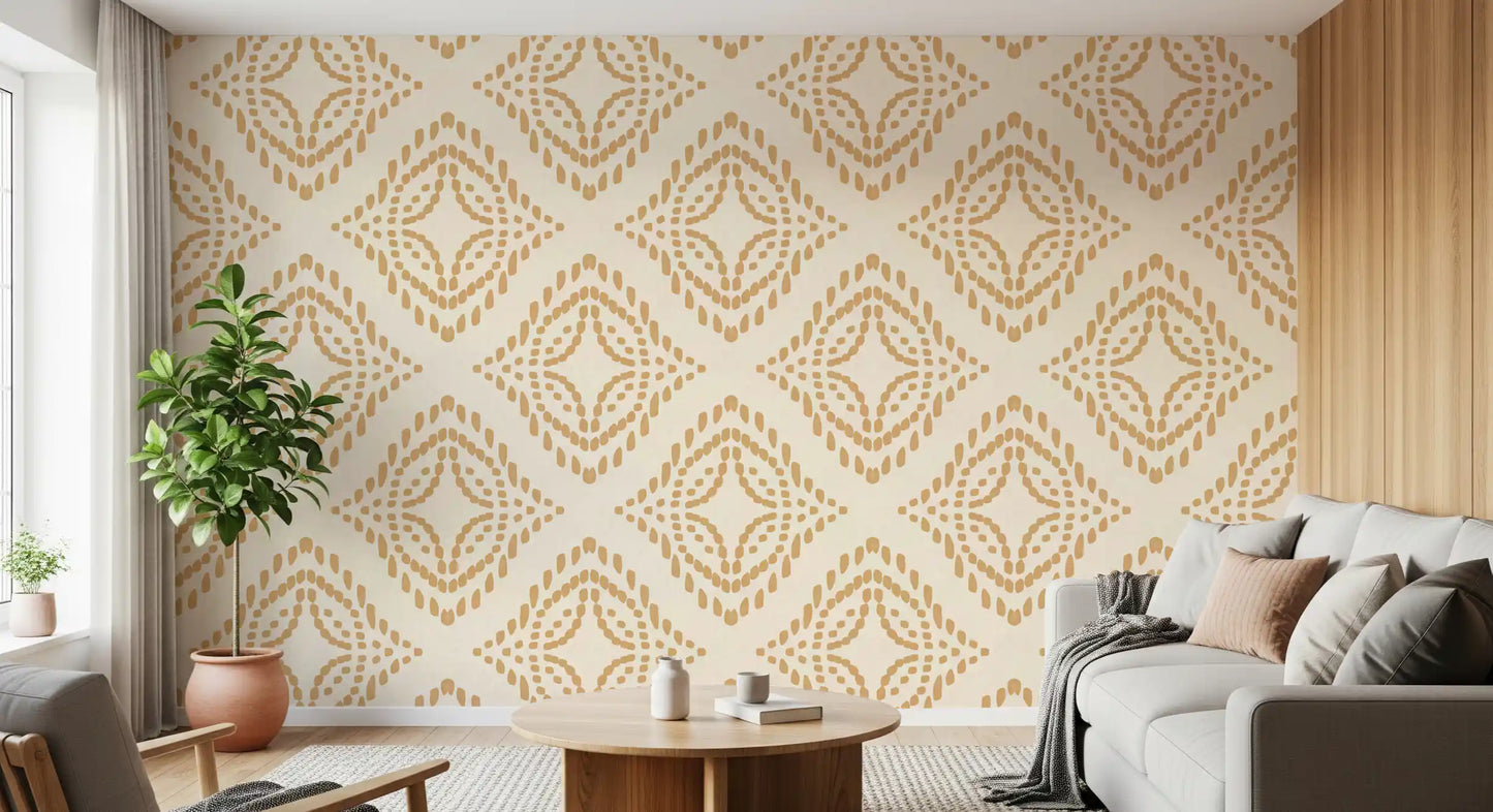 Cream and sand tones balance a sitting room beside this block-stamped diamond wallpaper.