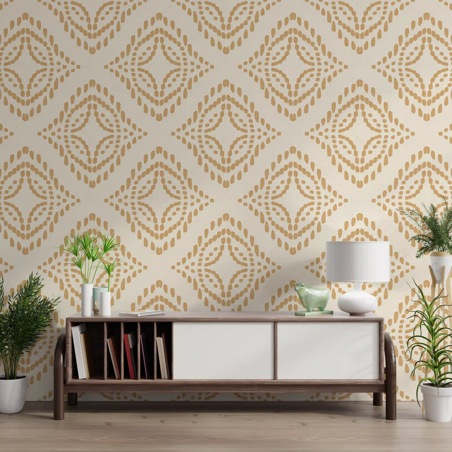 Cream linen-look background shows under the honey stamps of this ornament wallpaper.