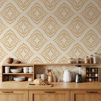 Block stamp character warms a country kitchen against this sand diamond wallpaper.