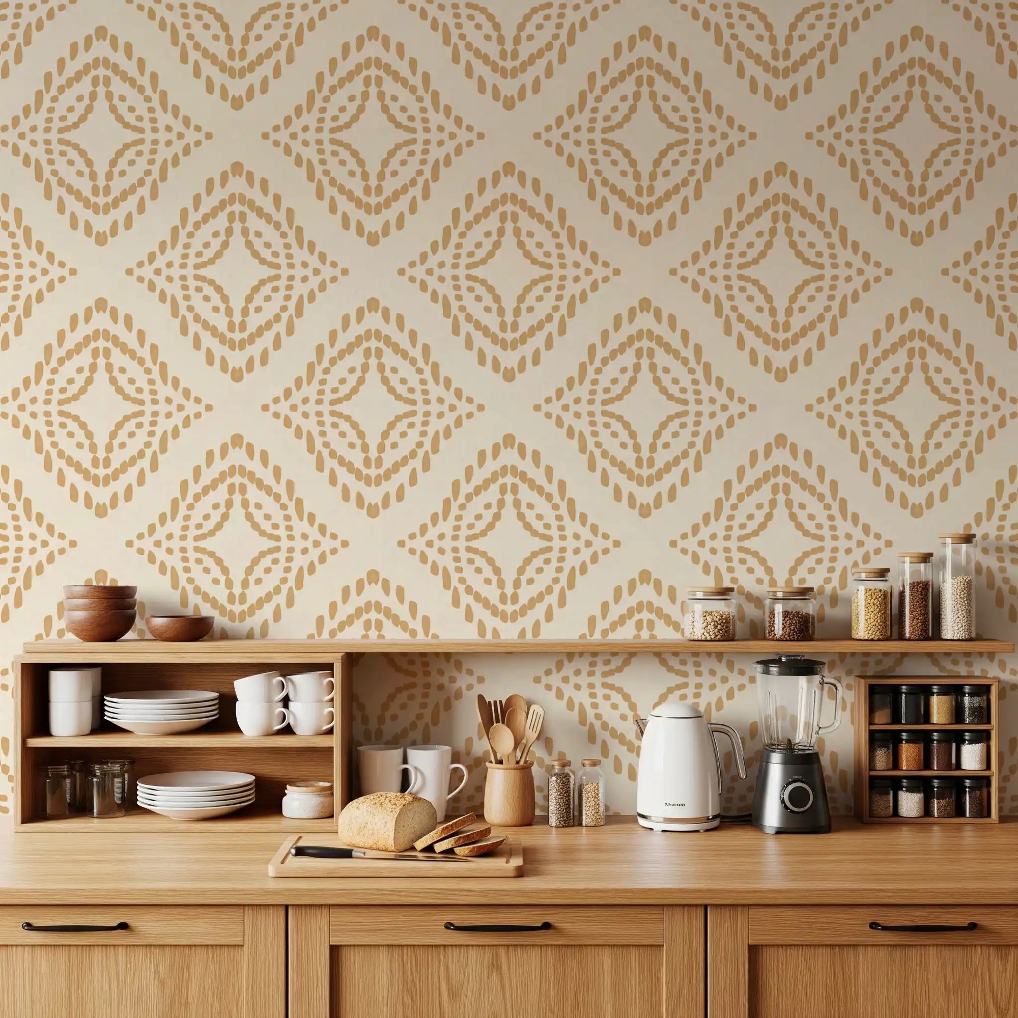 Block stamp character warms a country kitchen against this sand diamond wallpaper., GD9676