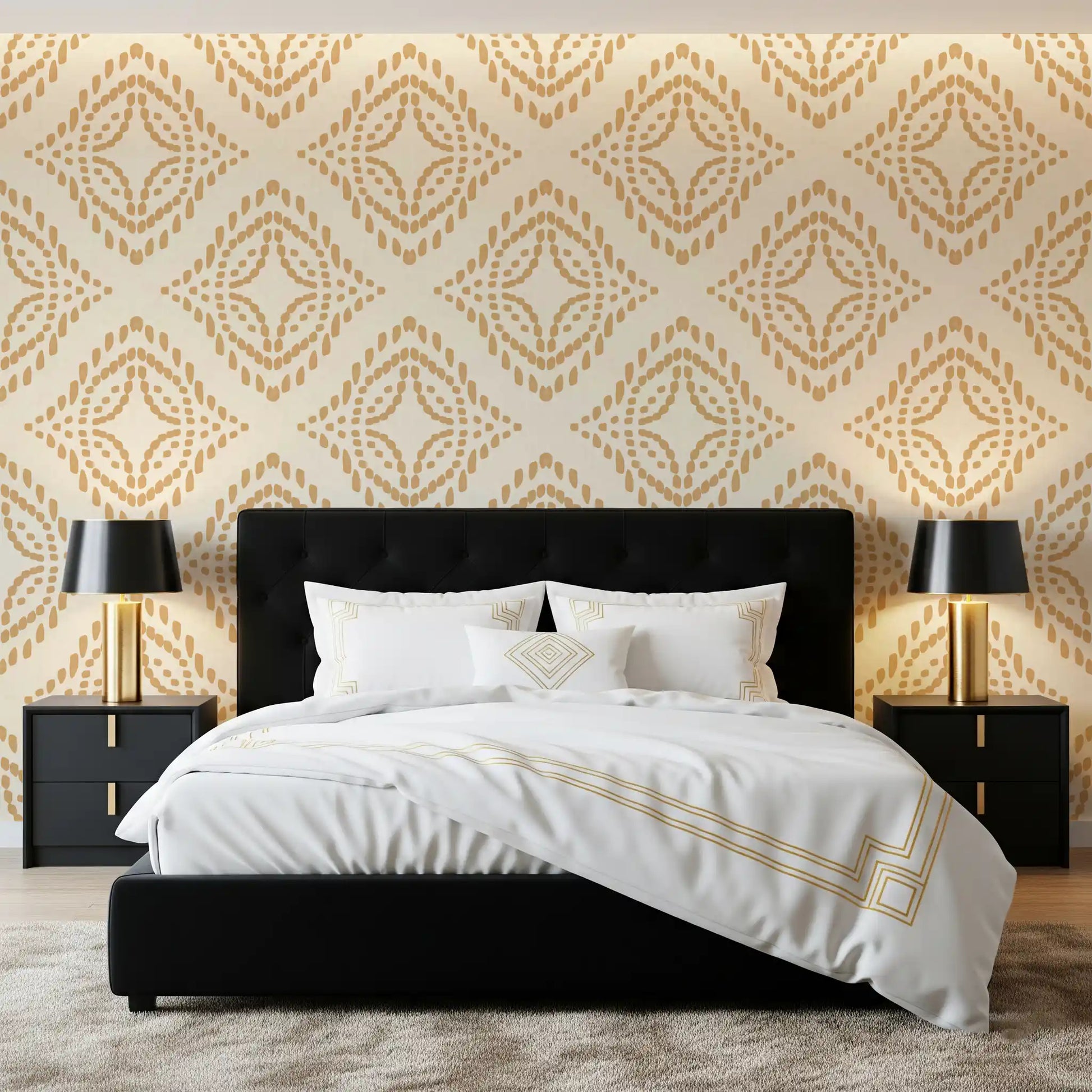 Sand stamps deepen a guest room through this boho diamond wallpaper repeat.
