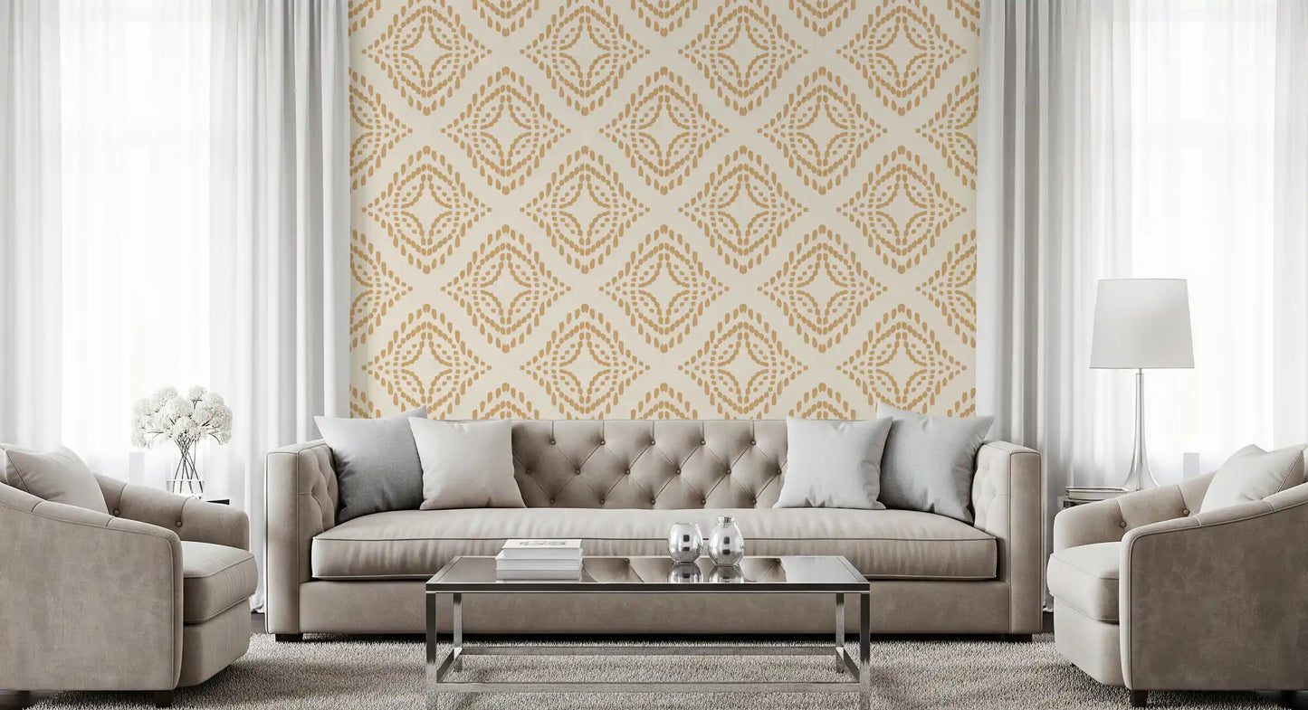 Concentric sand diamonds wrap a quiet lounge in this textile-look ornament wallpaper.