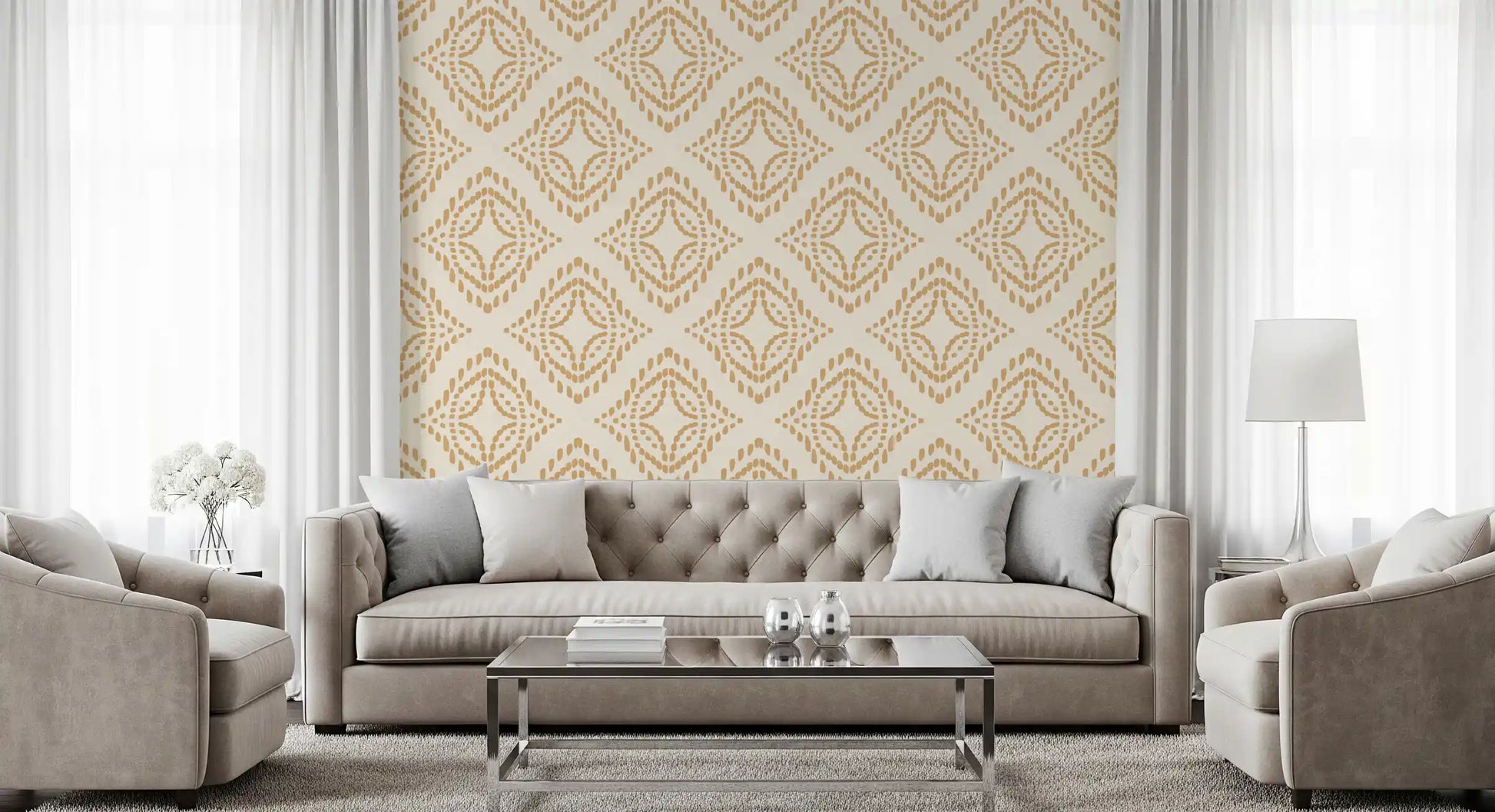 Concentric sand diamonds wrap a quiet lounge in this textile-look ornament wallpaper.