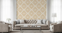 Concentric sand diamonds wrap a quiet lounge in this textile-look ornament wallpaper.