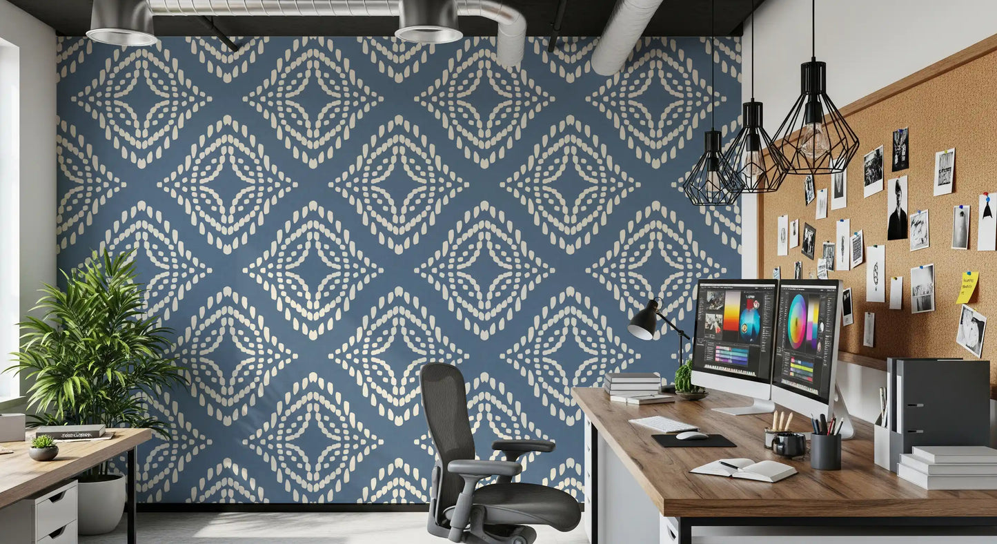 A small center motif holds the heart of every diamond on this slate blue boho wallpaper.