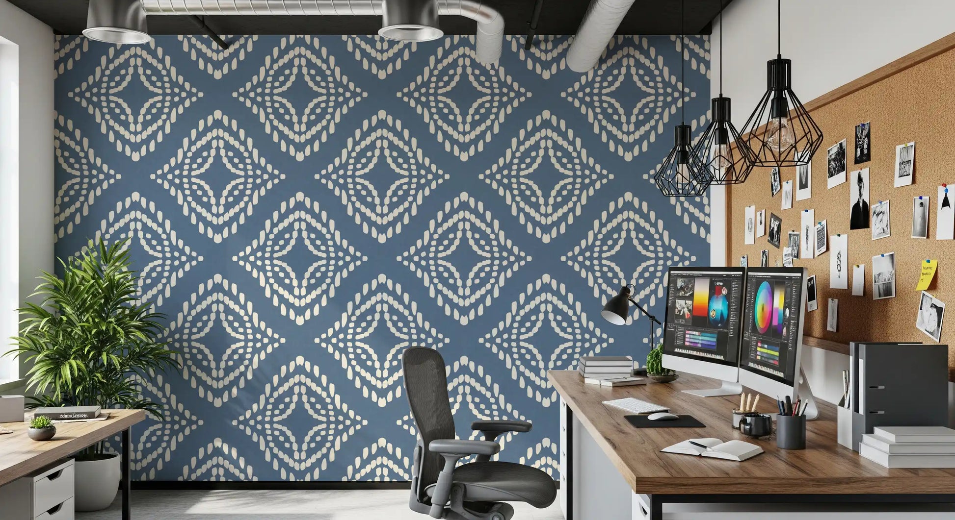 A small center motif holds the heart of every diamond on this slate blue boho wallpaper.
