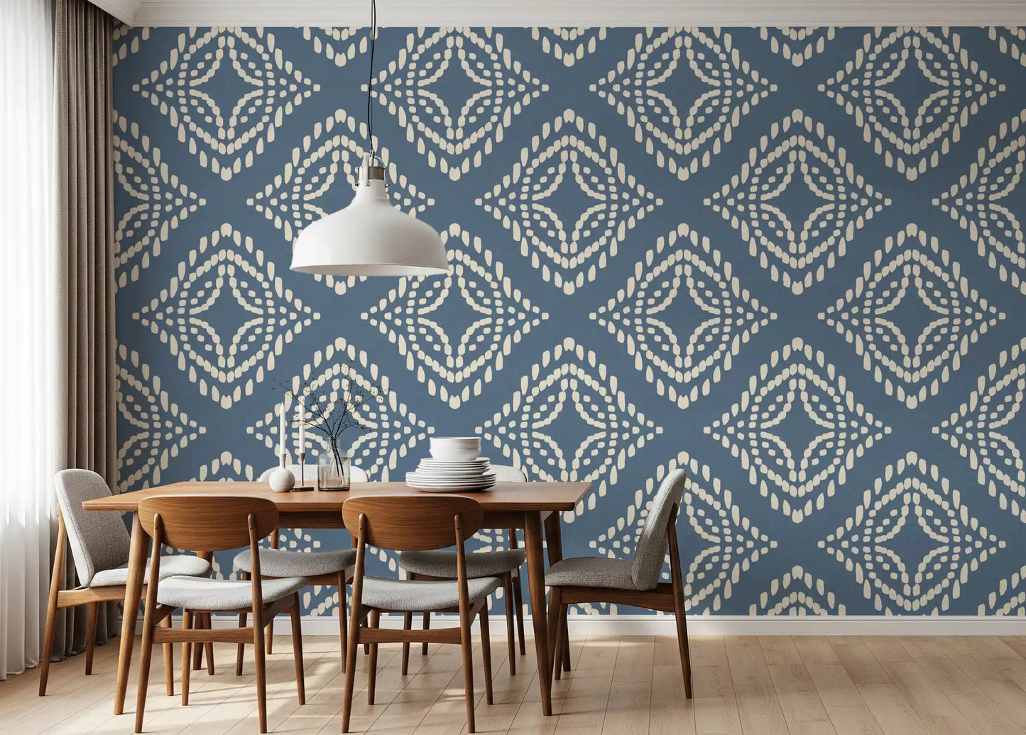 Boho diamond stamps brighten a quiet Dining room through this canvas-textured slate wallpaper.