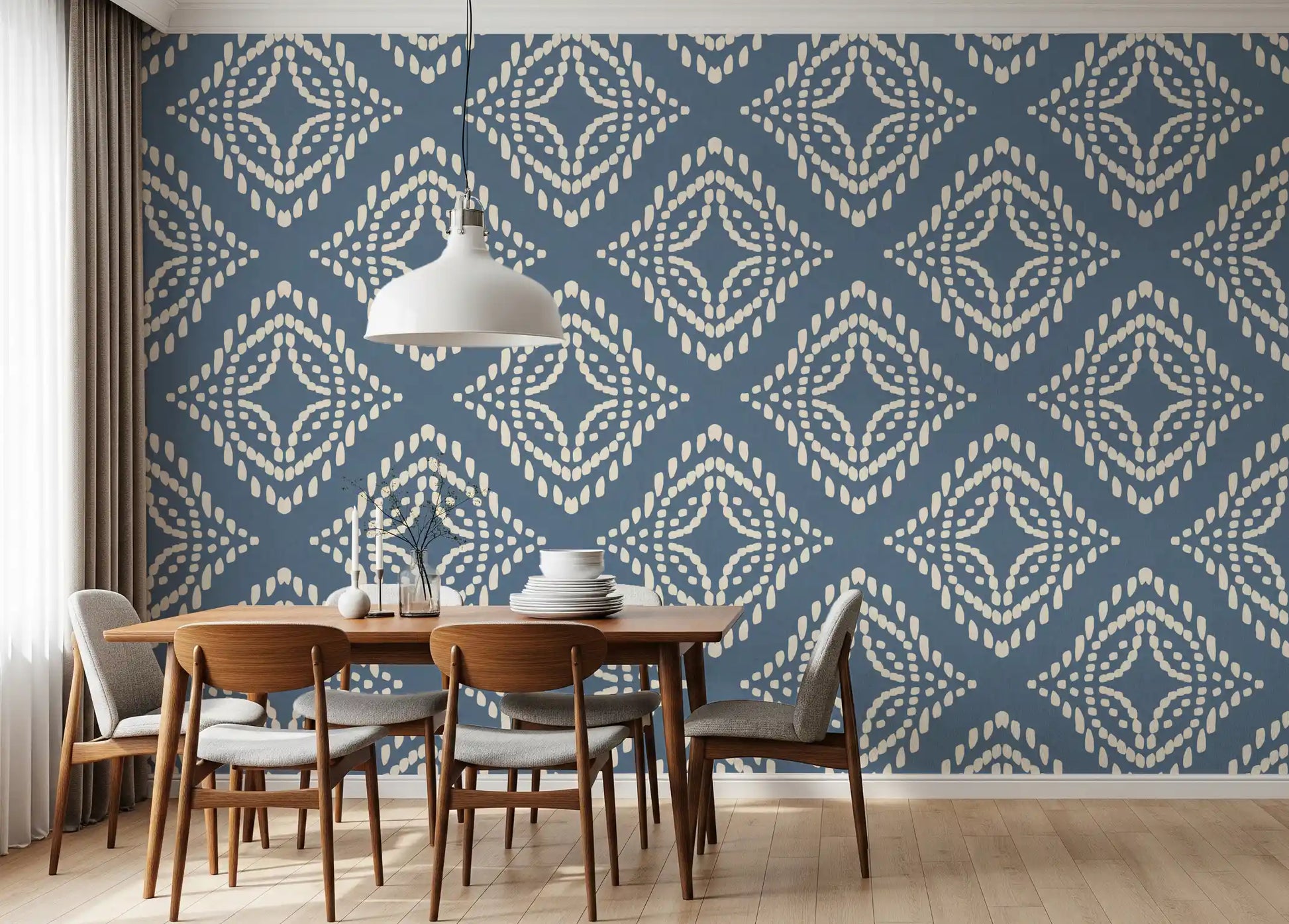 Boho diamond stamps brighten a quiet Dining room through this canvas-textured slate wallpaper.