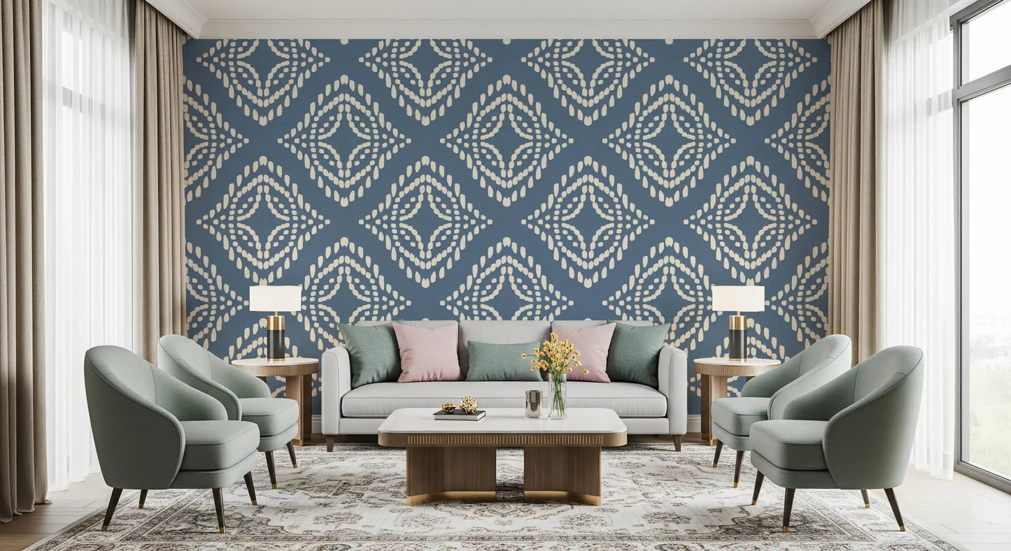 Slate blue depth grounds a Living area against this cream stamp wallpaper repeat.