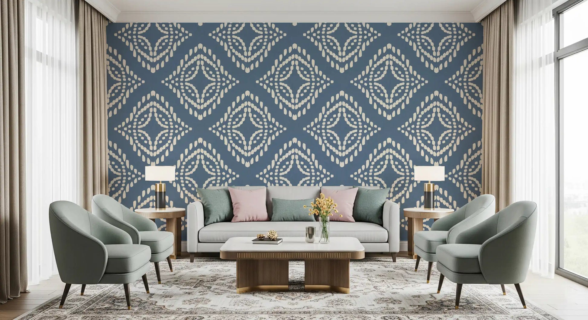 Slate blue depth grounds a Living area against this cream stamp wallpaper repeat.