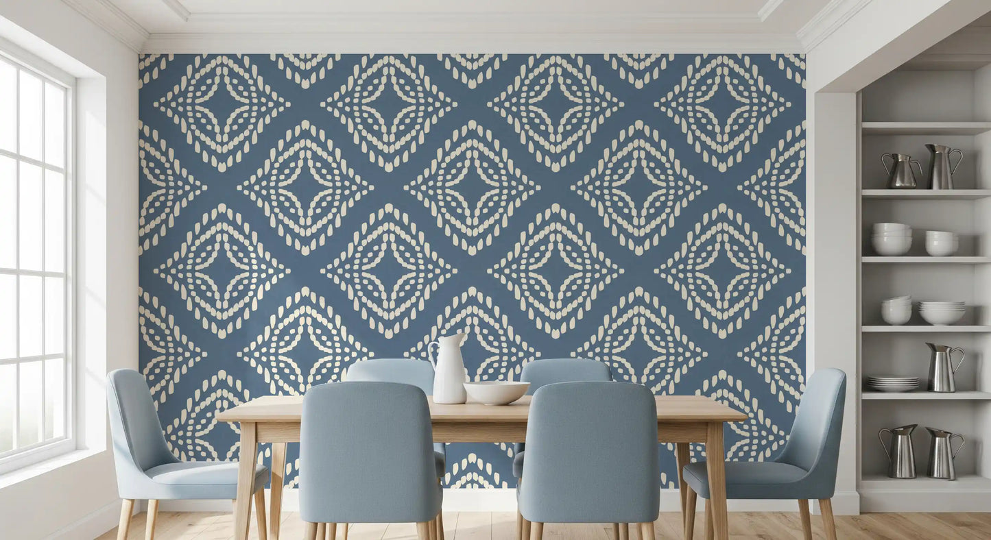 Concentric cream diamonds wrap a serene Dining room in this slate blue boho wallpaper.