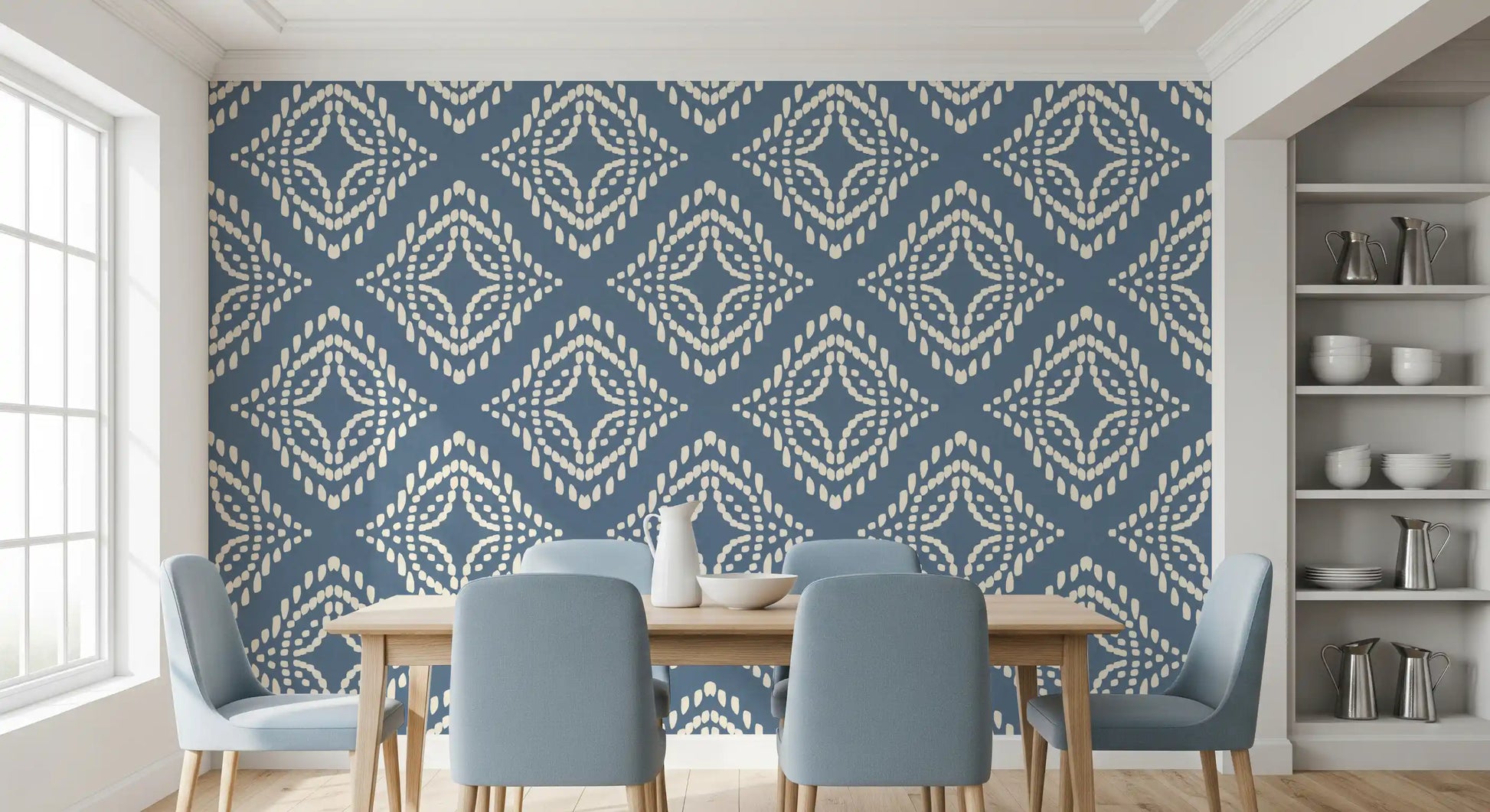 Concentric cream diamonds wrap a serene Dining room in this slate blue boho wallpaper.